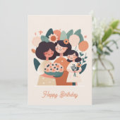 Cute cartoon moeder dochter meisjes. Happy Birthda Feestdagenkaart (Staand voorkant)