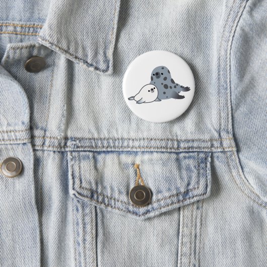 Cute Cartoon Moeder Seal and Pup Button Badge (In situ)