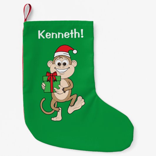 Cute Cartoon Monkey met een cadeau Kleine Kerstsok (Voorkant)