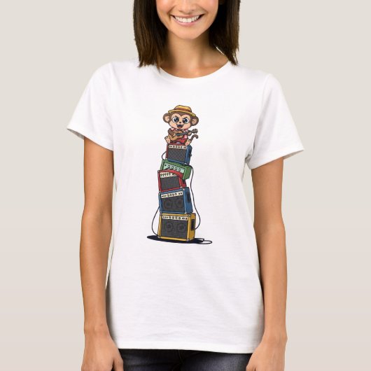 Cute Cartoon Monkey Rocker Playing Ukulele T-shirt (Voorkant)