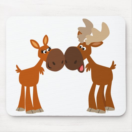 Cute Cartoon Moose Couple in Love Mousepad Muismat (Voorkant)