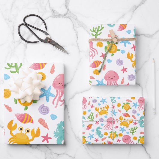 Cute Cartoon Ocean Zee Life Seashell, Starfish Inpakpapier Vel (Voorkant)