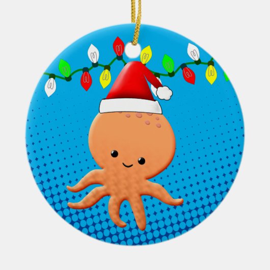 Cute Cartoon Octopus Santa Hat kerstlampjes Keramisch Ornament (Voorkant)
