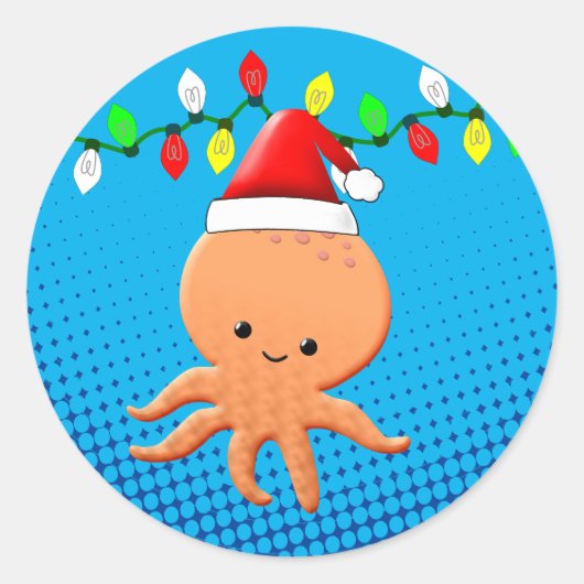 Cute Cartoon Octopus Santa Hat kerstlampjes Ronde Sticker (Voorkant)