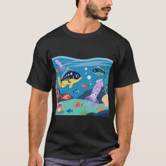 Cute Cartoon Onderwater Oceaan Scène met Vissen en T-shirt