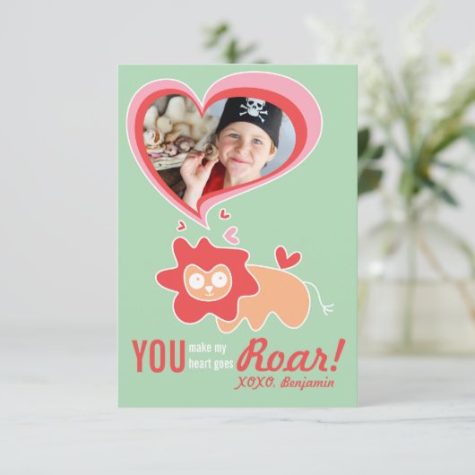 Cute Cartoon Oranje Lion Classroom Valentijn Foto Kaart (Staand voorkant)
