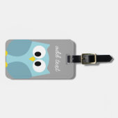 Cute Cartoon Owl - Blue and Grey Custom Name Bagagelabel (Voorkant horizontaal)