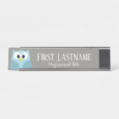 Cute Cartoon Owl - Blue and Grey Custom Name Bureau Naambordje (Voorkant)