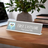 Cute Cartoon Owl - Blue and Grey Custom Name Bureau Naambordje