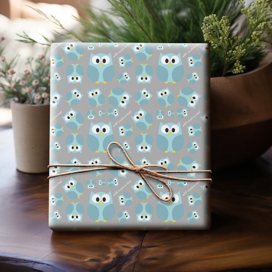 Cute Cartoon Owl - Blue and Grey Custom Name Cadeaupapier