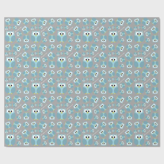 Cute Cartoon Owl - Blue and Grey Custom Name Cadeaupapier (Vlak)