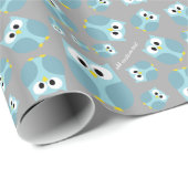 Cute Cartoon Owl - Blue and Grey Custom Name Cadeaupapier (Rol Hoek)