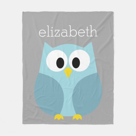 Cute Cartoon Owl - Blue and Grey Custom Name Fleece Deken (Voorkant)