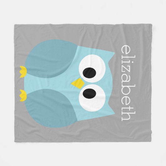 Cute Cartoon Owl - Blue and Grey Custom Name Fleece Deken (Voorkant (Horizontaal))