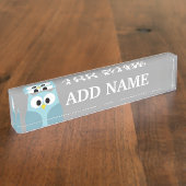Cute Cartoon Owl - Blue and Grey Custom Name Naambordje (Zijkant)