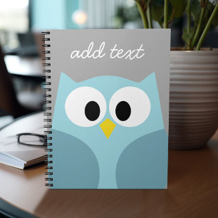 Cute Cartoon Owl - Blue and Grey Custom Name Notitieboek