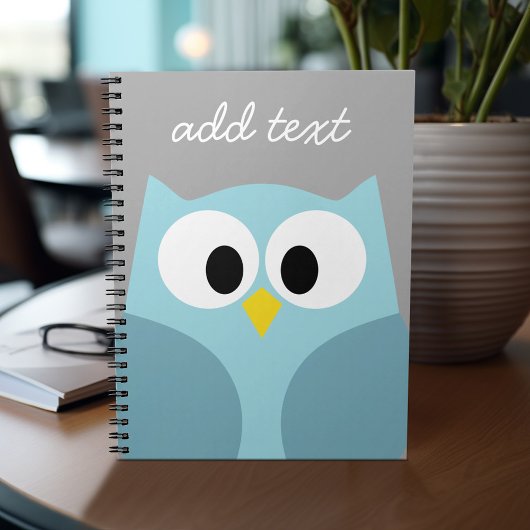 Cute Cartoon Owl - Blue and Grey Custom Name Notitieboek