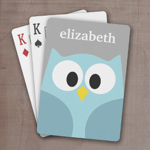 Cute Cartoon Owl - Blue and Grey Custom Name Pokerkaarten