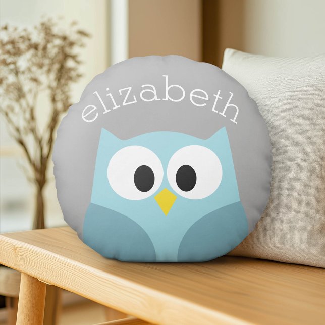 Cute Cartoon Owl - Blue and Grey Custom Name Rond Kussen (Custom Pillow)