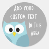 Cute Cartoon Owl - Blue and Grey Custom Name Ronde Sticker (Voorkant)