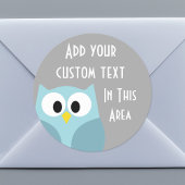 Cute Cartoon Owl - Blue and Grey Custom Name Ronde Sticker