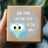 Cute Cartoon Owl - Blue and Grey Custom Name Ronde Sticker