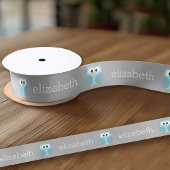 Cute Cartoon Owl - Blue and Grey Custom Name Satijnen Lint