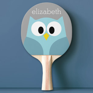 Cute Cartoon Owl - Blue and Grey Custom Name Tafeltennisbatje