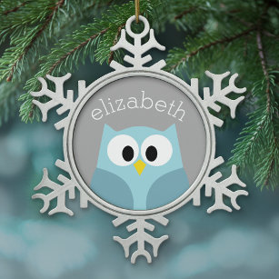Cute Cartoon Owl - Blue and Grey Custom Name Tin Sneeuwvlok Ornament