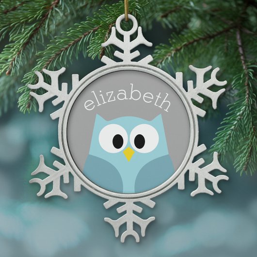 Cute Cartoon Owl - Blue and Grey Custom Name Tin Sneeuwvlok Ornament
