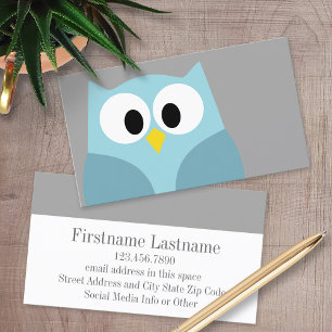 Cute Cartoon Owl - Blue and Grey Custom Name Visitekaartje