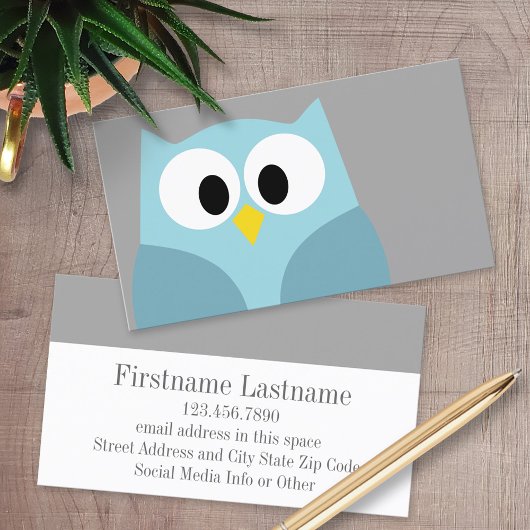 Cute Cartoon Owl - Blue and Grey Custom Name Visitekaartje