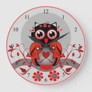 Cute cartoon Owl klok in rood, zwart en grijs