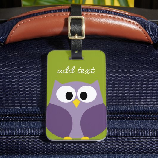 Cute Cartoon Owl Paars en Pistachio Custom Name Bagagelabel (Voorkant Insitu 2)