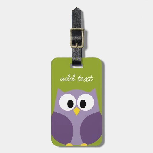 Cute Cartoon Owl Paars en Pistachio Custom Name Bagagelabel (Voorkant verticaal)