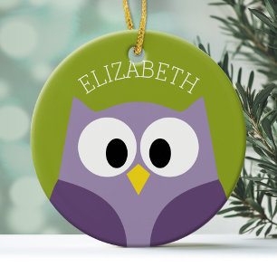 Cute Cartoon Owl Paars en Pistachio Custom Name Keramisch Ornament