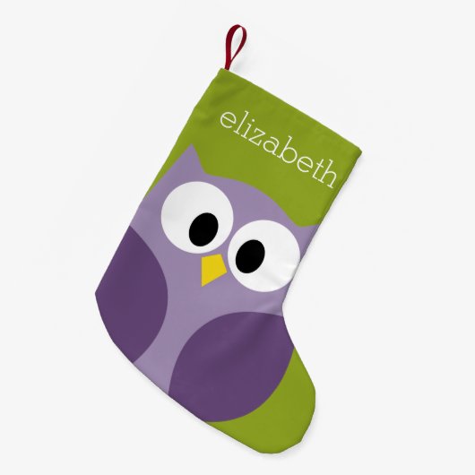 Cute Cartoon Owl Paars en Pistachio Custom Name Kleine Kerstsok (Voorkant (Hangend))