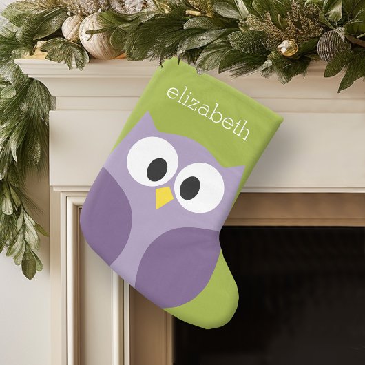 Cute Cartoon Owl Paars en Pistachio Custom Name Kleine Kerstsok