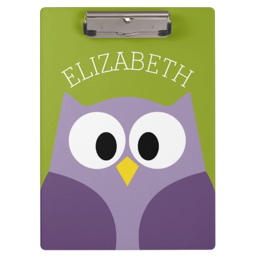Cute Cartoon Owl Paars en Pistachio Custom Name Klembord (Voorkant)