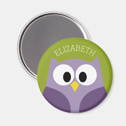 Cute Cartoon Owl Paars en Pistachio Custom Name Magneet (Voorkant / Achterkant)