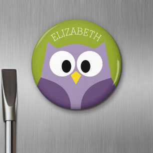 Cute Cartoon Owl Paars en Pistachio Custom Name Magneet