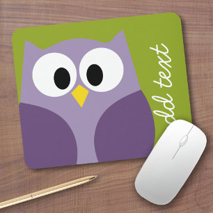 Cute Cartoon Owl Paars en Pistachio Custom Name Muismat