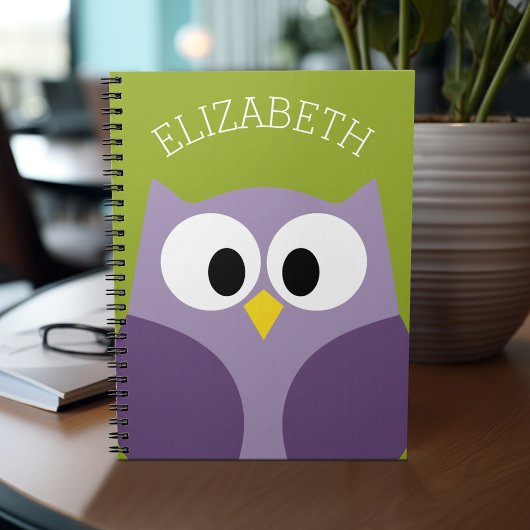 Cute Cartoon Owl Paars en Pistachio Custom Name Notitieboek