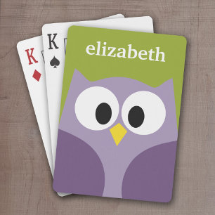 Cute Cartoon Owl Paars en Pistachio Custom Name Pokerkaarten