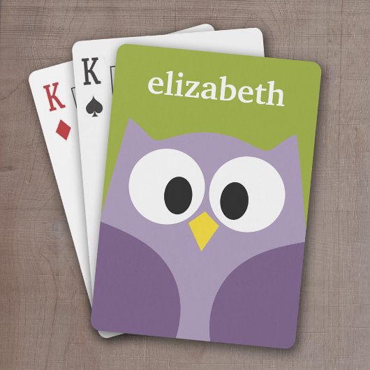 Cute Cartoon Owl Paars en Pistachio Custom Name Pokerkaarten