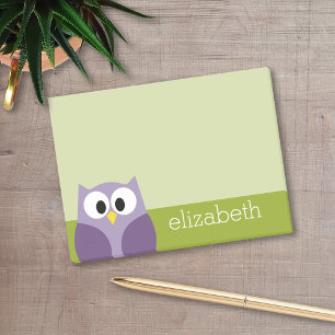 Cute Cartoon Owl Paars en Pistachio Custom Name Post-it® Notes