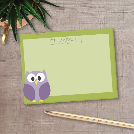 Cute Cartoon Owl Paars en Pistachio Custom Name Post-it® Notes