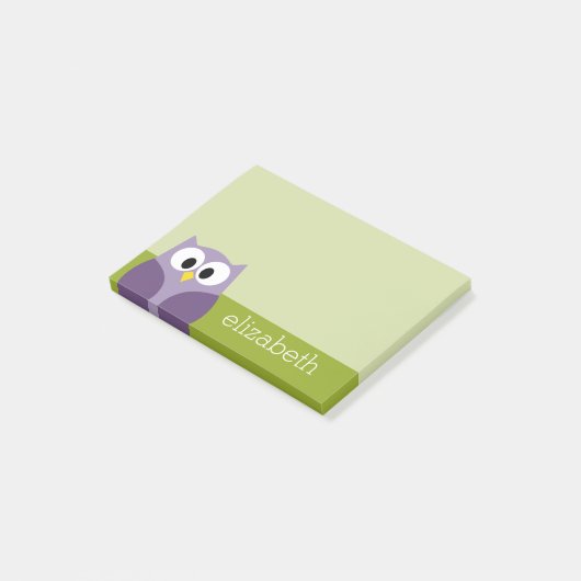Cute Cartoon Owl Paars en Pistachio Custom Name Post-it® Notes (Schuin)
