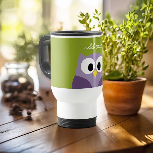 Cute Cartoon Owl Paars en Pistachio Custom Name Reisbeker