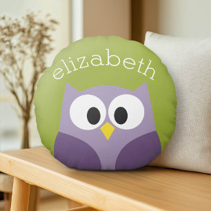 Cute Cartoon Owl Paars en Pistachio Custom Name Rond Kussen